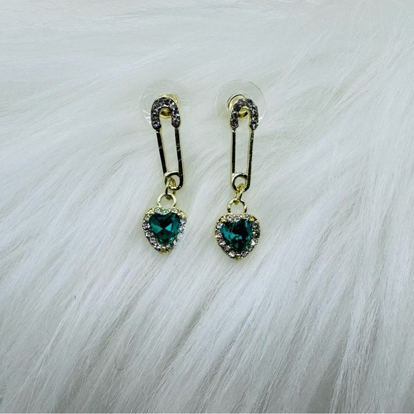 Green Heart w/ Rhinestones Dangle Earrings - Picture 5 of 5